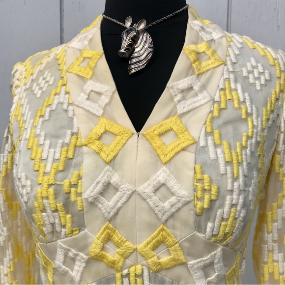 Vintage 60s Embroidered Jerry Marsch Yellow Chiffon Maxi Dress - Picture 2 of 15